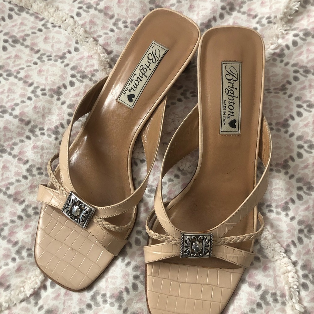 Brighton “Kayla” Tan Croc-Textured Heels with Decorative Buckles in size 9M.